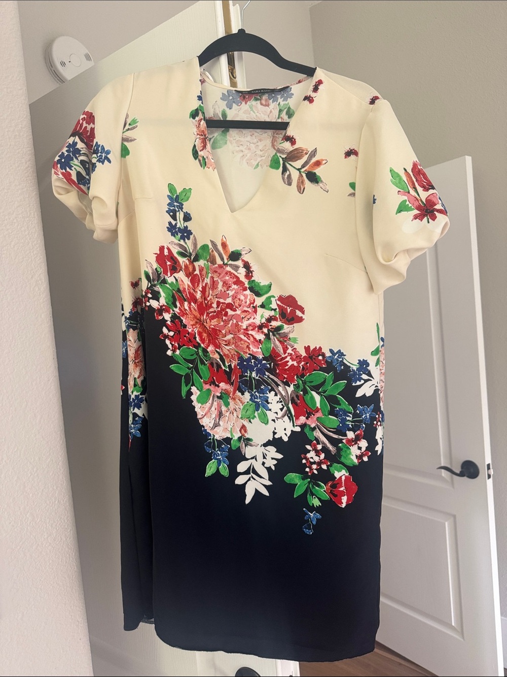 Zara Cream and Black Floral V-Neck Mini Dress